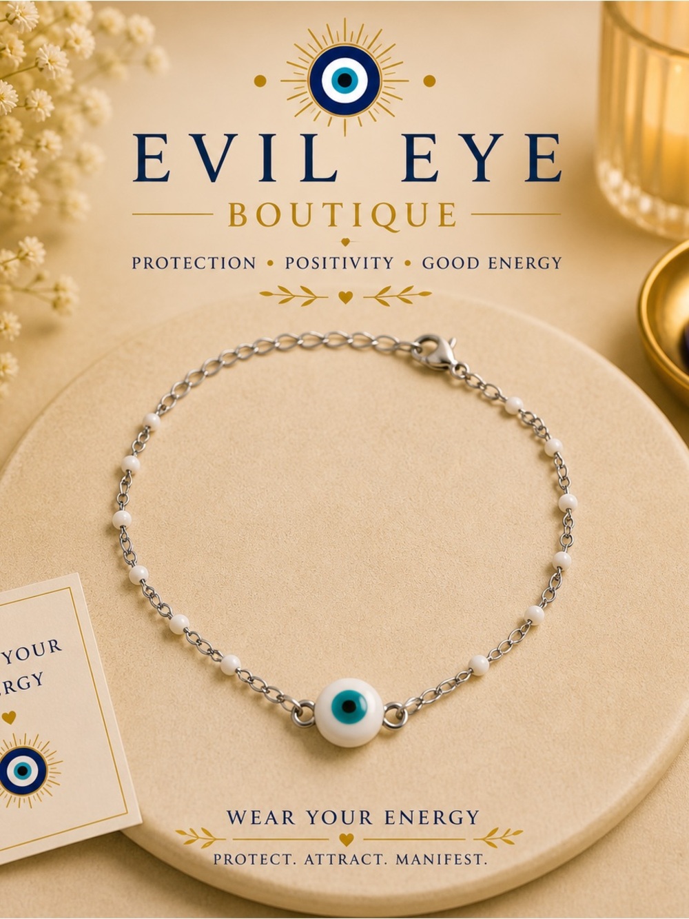 🧿Silver Chain Bracelet with White & Blue Eye Charm🧿